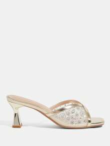 CUCCOO TILAWA Women's Summer Fashion Rhinestone Embellished Square Toe High Heel Sandals - Gold - View 2