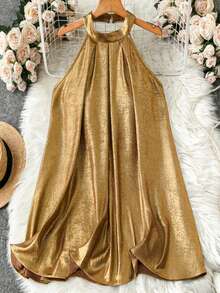 GlowEve New Metallic Sheen Loose Fit Sleeveless Collared Blouse, Versatile Casual Shirt For Women - Gold - View 1