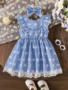 Baby Girls' Blue Plaid Daisy Lace Trim Casual Cute Summer Dress - Blue - View 3