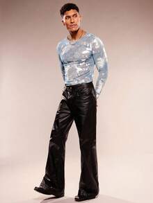 FeverCity 男士休闲时尚扎染印花薄纱长袖修身T恤，适合春、夏、秋季穿着 - 藍色 - 查看 5