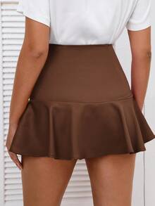 EMERY ROSE Women's Fashion Solid Color Tie Front Ruffle Hem Mini Skirt - Coffee Brown - View 2