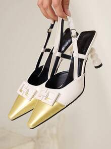 CUCCOO CHICEST Women's Pointed Toe Contrast Color Buckle Design Elegant High Heels Wedding Shoes Spring Shoes Bride Shoes - Gold - View 2