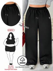 SHEIN CURVE+ Loose Fit Coffee Colored Corduroy Wide Leg Plus Size Women's Pants With Drawstring Waist And Pockets For Comfort, Brown Pants Corduroy Pants Wide Pants Loose Pants - Black - View 1