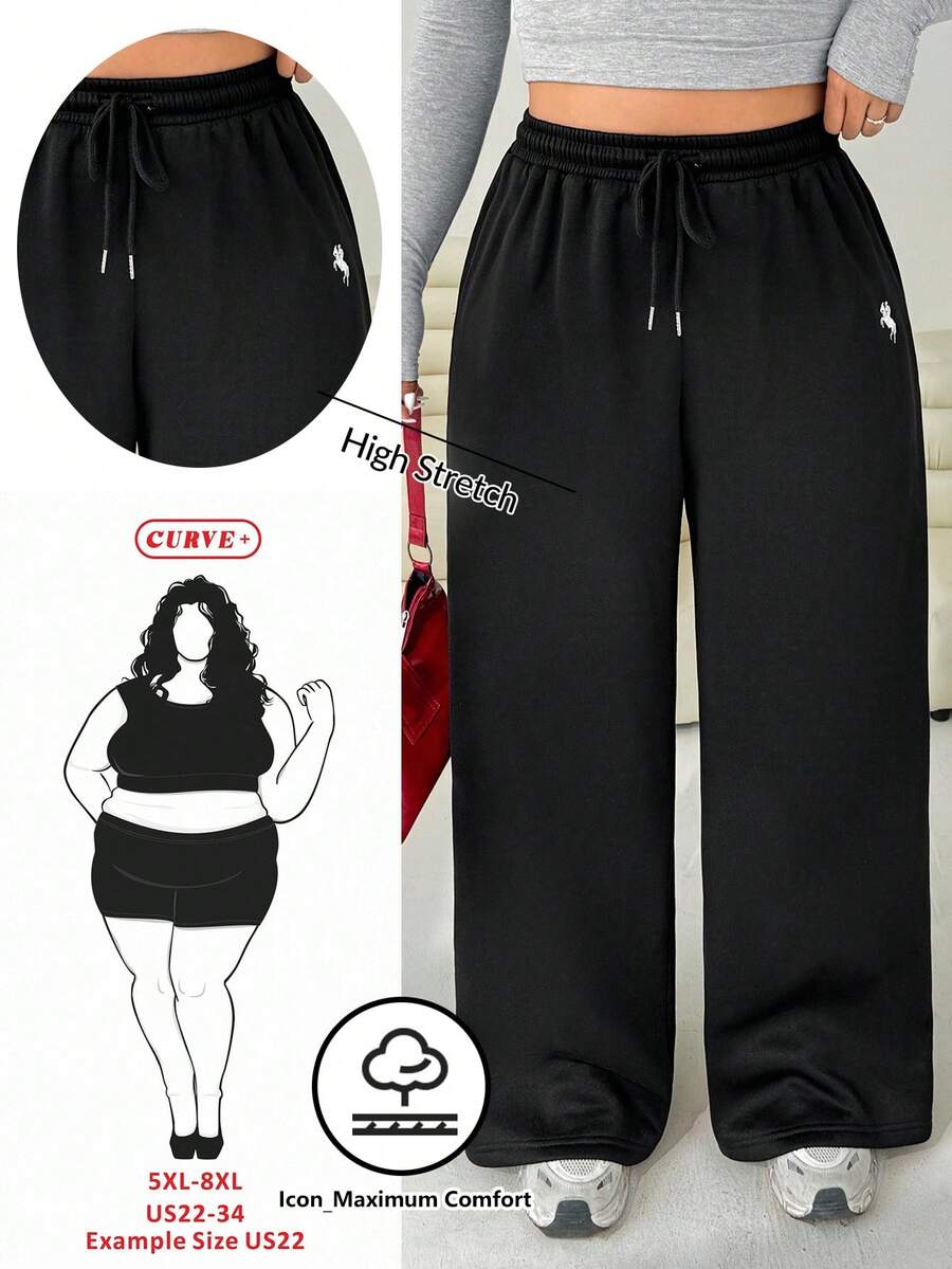 SHEIN CURVE+ Loose Fit Coffee Colored Corduroy Wide Leg Plus Size Women's Pants With Drawstring Waist And Pockets For Comfort, Brown Pants Corduroy Pants Wide Pants Loose Pants - Black - View 1