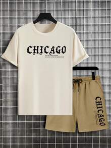 Manfinity Homme Plus Size Men's T-Shirt Set, Khaki & Coffee Color Block Set, Chicago Gothic Font Print, American Vintage, Casual Style, Summer - Multicolor - View 2