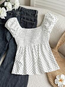 Girlism 少女黑白修身休闲衬衫，舒适百搭，适合日常、度假穿着，简约风格波点后背系带衬衫，优雅纯色蕾丝边衬衫，适合夏季、度假、休闲、居家穿着，BM风格 - 白色 - 查看 2