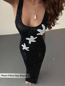 Aloruh Spring & Summer Vacation Sequin Starfish Mesh Tight Fitted Dress With Square Neckline - Black - View 1