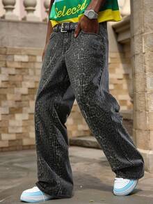 Manfinity EMRG Jeans de pierna acampanada con estampado de leopardo para hombre - Negro - Ver 1