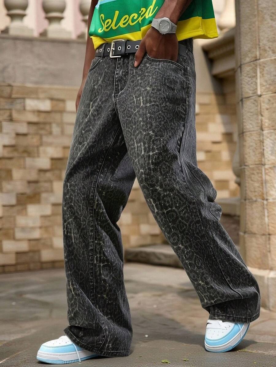 Manfinity EMRG Jeans de pierna acampanada con estampado de leopardo para hombre - Negro - Ver 1