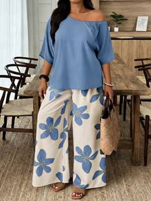 Weeklong Plus Size Summer Elegant Solid Color Asymmetrical Shoulder Top And Floral Print Pants 2-Piece Set - Multicolor - View 3