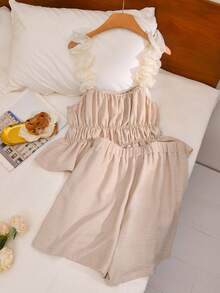 CosyJoli Bộ trang phục thường ngày cỡ lớn dành cho nữ, áo hai dây viền ren và quần short, bộ đồ 2 mảnh mùa hè cho nữ, trang phục hẹn hò, bộ đồ thường ngày cho nữ. - Màu be - Xem 2