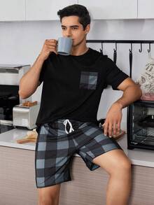 CoupledUp Men's Patchwork Pocket Shirt & Plaid Shorts Homewear Set - Black - View 6