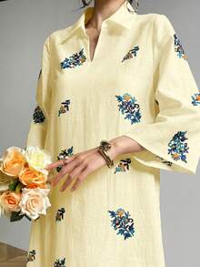 Al Najma Vestido largo casual con cuello y bordado de ojales - Amarillo - Ver 3