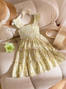 Souflis Souflis Đầm cổ yếm họa tiết hoa nhí cho bé gái, phối màu hồng và trắng ngọt ngào, tay áo bồng bềnh tinh tế, phù hợp cho bé gái 4-7 tuổi, tuyệt vời cho kỳ nghỉ, đi biển, chụp ảnh hàng ngày, mùa xuân/hè. - Màu vàng - Xem 1