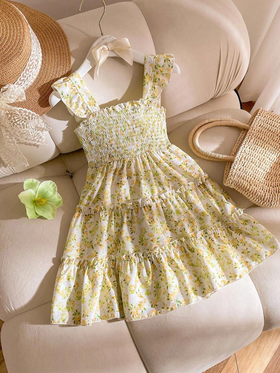 Souflis Souflis Đầm cổ yếm họa tiết hoa nhí cho bé gái, phối màu hồng và trắng ngọt ngào, tay áo bồng bềnh tinh tế, phù hợp cho bé gái 4-7 tuổi, tuyệt vời cho kỳ nghỉ, đi biển, chụp ảnh hàng ngày, mùa xuân/hè. - Màu vàng - Xem 1