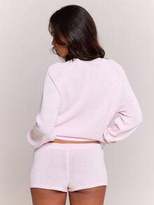 MUSERA 针织圆领毛衣和迷你短裤套装，居家休闲舒适，适合春夏场合和旅行约会 - 淺粉色 - 查看 4