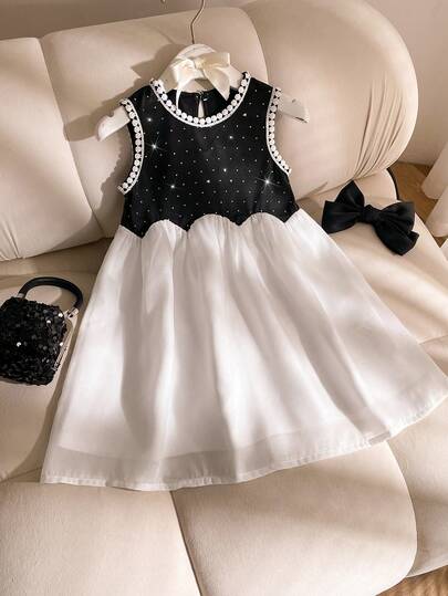 SHEIN 1pc Girls Summer New Round Neck Sleeveless Vest Top/Ruffle Trim Decor Front Panel Rhinestone Design Waist Wave Split Organza Hem Retro Elegant Princess Dress