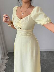 Modelyn Đầm xòe xếp ly màu vàng thanh lịch dành cho nữ, thích hợp cho kỳ nghỉ và hẹn hò, mùa xuân/hè. - Vàng nhạt - Xem 1