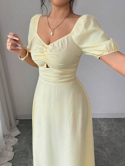 Modelyn Vestido plisado con vuelo elegante amarillo para mujer, adecuado para vacaciones y citas, primavera/verano