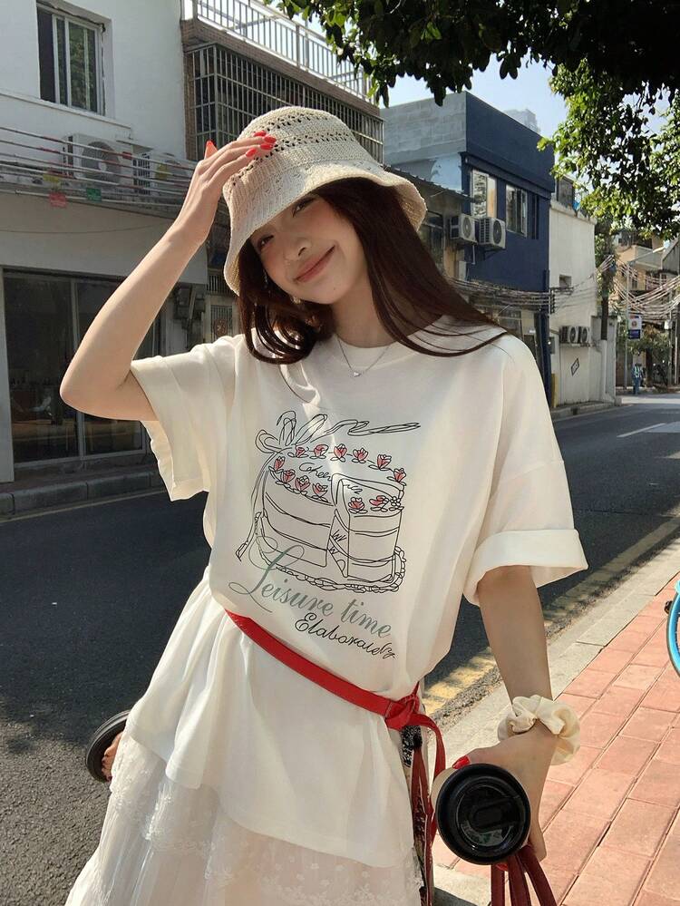 Women's Round Neck Korean Style Cake Letter Print Short Sleeve T-Shirt, Loose Casual Summer Top Graphic Tees Women