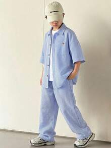 Bộ đồ 2 món cho bé trai/thiếu niên: áo polo cổ bẻ dáng rộng tay ngắn kẻ sọc, thoải mái, kiểu dáng thường ngày và quần dài. - Màu xanh lam - Xem 3