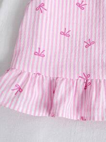 SHEIN Bộ đồ thể thao cho bé gái tuổi teen: áo và quần không tay cổ tròn, kẻ sọc, cài cúc phía sau. - Màu Hồng baby - Xem 7