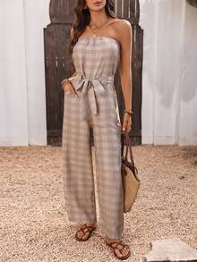Breezaya Women's Retro Khaki Plaid Jumpsuit, Strapless Jumpsuit With Belt, Wide Leg Jumpsuit - Khaki - View 1