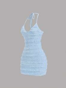 Sweetra Sweet Knitted Texture Frill Trim Open Back Lightweight Vacation Tie Strap Mini Dress For Women, Spring/Summer - Blue - View 3