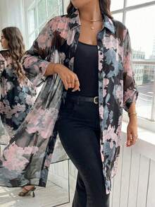 Reflora Plus Size Floral Print Front Button Roll-Up Sleeve Casual Shirt - Brown - View 3