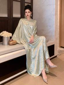 DAZY 女士优雅派对金色箔片蝙蝠袖印花连衣裙 - 酪梨綠 - 查看 5