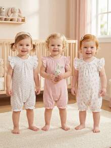 Souflis Souflis 法国新款女婴三件套夏季连体衣短裤套装，可爱兔子图案，荷叶边袖口和下摆，休闲日常穿着 - 彩色 - 查看 2