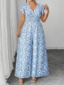 Elenzga Plus Ditsy Floral Print Butterfly Sleeve Wide Leg Jumpsuit - Blue - View 1