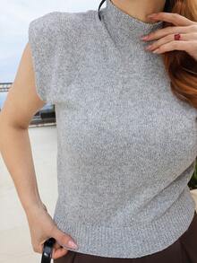 Gretanique Elegant High Neck Loose Casual Versatile Sleeveless Knit Sweater Vest In Fall/Winter - Light Grey - View 3