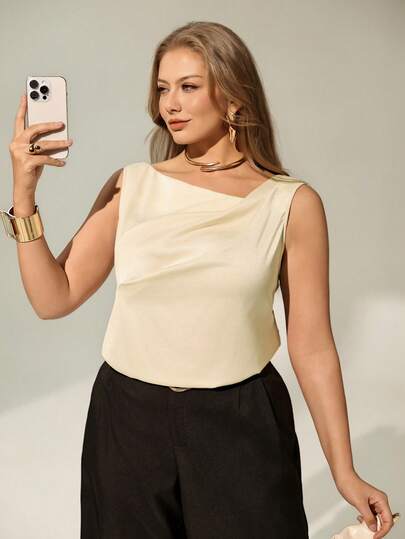 Auralis 大码女式夏季休闲日常工作简约纯色不对称领褶皱无袖上衣