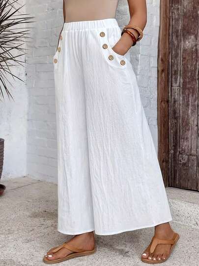 Breezaya Pantalones anchos casuales de talla grande de unicolor con cintura elástica y bolsillos en diagonal
