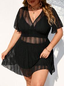 SHEIN CURVE+ Bộ đồ bơi 3 mảnh Tankini vải đen cỡ lớn dành cho nữ, thích hợp đi biển và nghỉ dưỡng. - màu đen - Xem 3