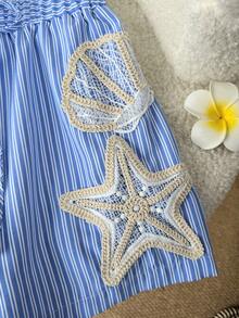 GlowEve Blue & White Striped Starfish & Shell Embroidered Women Shorts, Vacation - Blue - View 5
