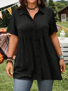 EMERY ROSE Short Sleeve Blue Button-Up Shirt, Casual Vacation Shirt With Longer Back, Plus Size, Suitable For Spring & Summer - Black - View 4
