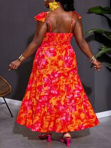 SHEIN CURVE+ Curve 尺码 US22 音乐节、海滨度假、波西米亚风休闲印花连衣裙，波西米亚风格 - 橘色 - 查看 3