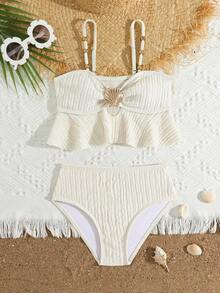 SHEIN Set de 2 trajes de baño de unicolor lindos para chica joven, traje de baño de playa de verano - Albaricoque - Ver 3