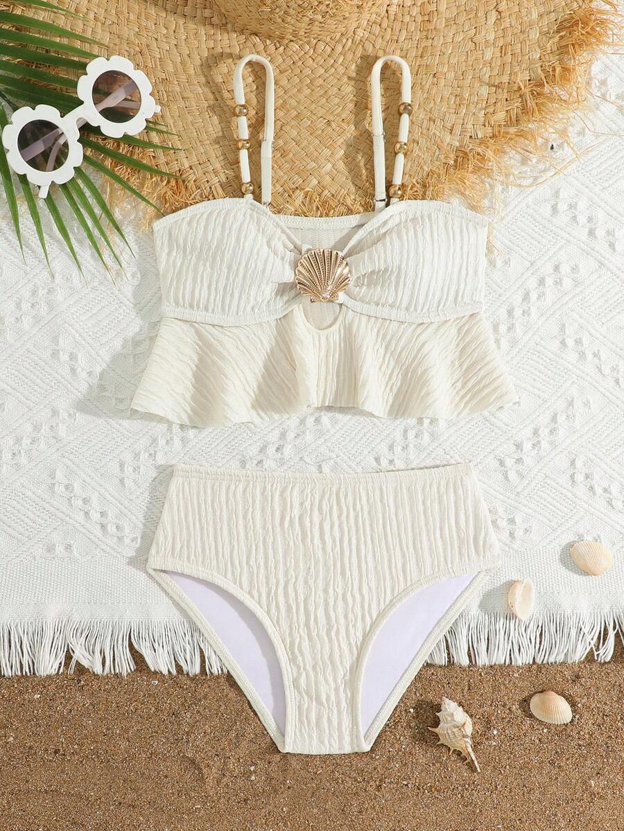 SHEIN 2件套可爱纯色少女泳衣套装,夏季海滩游泳度假 - 杏色 - 查看 1