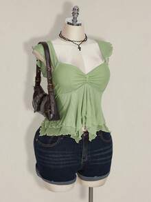 SHEIN ICON Plus Size Women Ruched Front Fitted Sexy Mesh Splice Flutter Sleeve Backless Casual Vacation Cropped Tank Top, Autumn, Back To School, Summer Tops - Mint Green - View 6