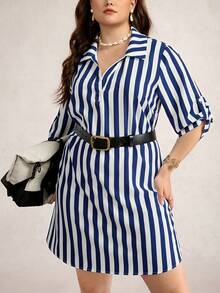 SHEIN LUNE Vestido casual recto holgado con mangas enrolladas de rayas para mujer de talla grande, vestido de rayas de talla grande, vestido camisa de talla grande, vestido de resort de rayas de talla grande para mujer, vestido casual de curvas, vestidos túnica para mujer de vacaciones, vestido de estilo francés para mujer, vestidos de verano para mujer, vestidos náuticos para mujer, vestido de marinero para mujer, atuendos de verano para mujer, vestido de yate, vestido de rayas, vestido de verano con mangas, atuendos de verano para mujer de talla grande, vestidos casuales de verano para mujer - Blanco y Negro - Ver 7