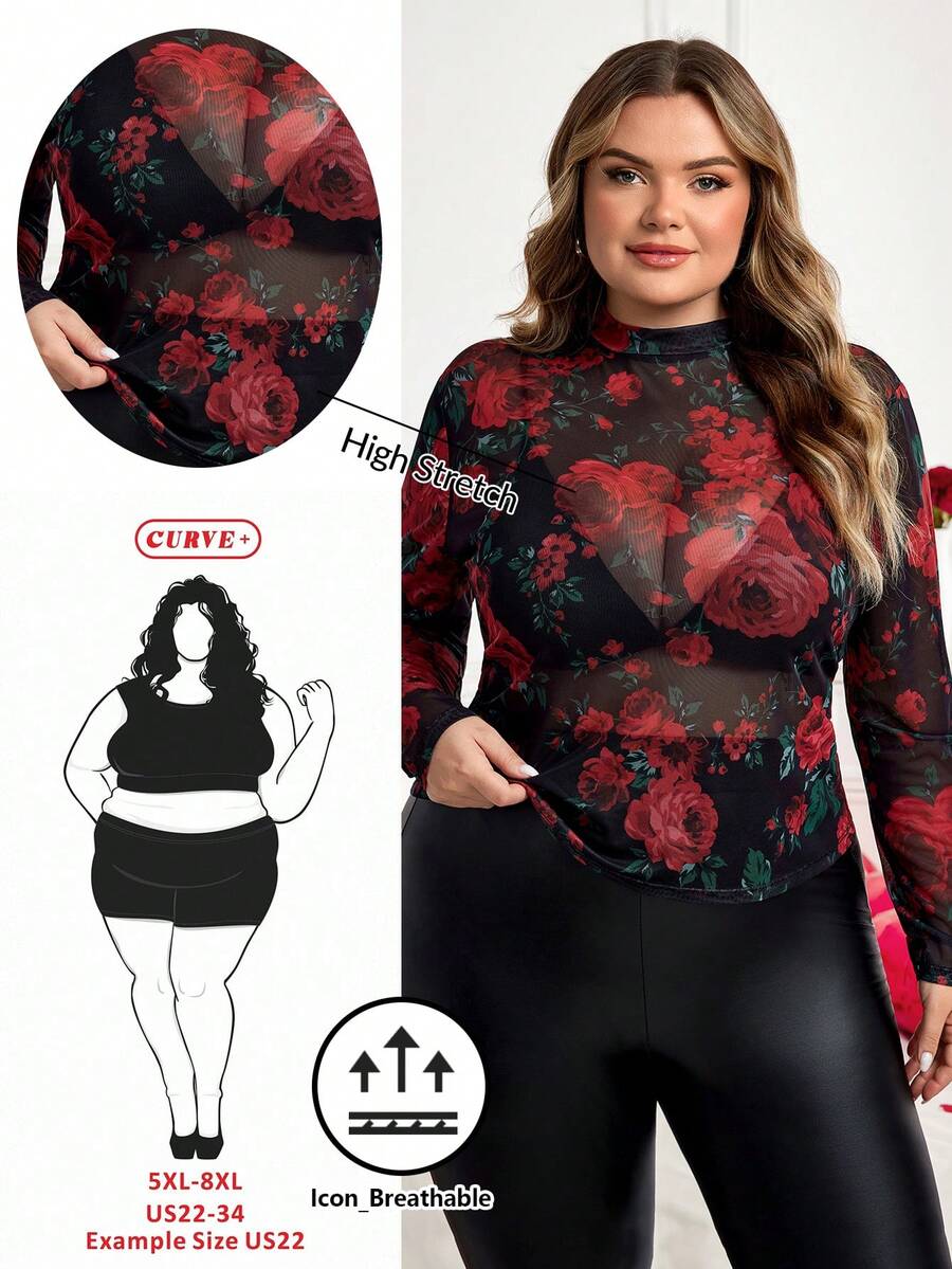 SHEIN CURVE+ 加大码/情人节/大码女式印花网纱长袖修身衬衫 - 彩色 - 查看 1