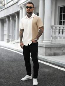 Manfinity CasualCool 男士休闲日常办公通勤简约纯色纹理面料短袖衬衫，夏季米色男士衬衫，男士纹理衬衫，街头风男士衬衫，男士短袖衬衫，奶油色衬衫，男士日常休闲、周末旅行、远足、轻松的工作环境，男友/丈夫礼物，周年纪念/生日礼物，派对，夏季假期，婚礼 - 彩色 - 查看 6