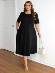 SHEIN CURVE+ Plus Size Women's Basic Versatile Solid Color Hidden Pocket A-Line Dress - Black - View 8