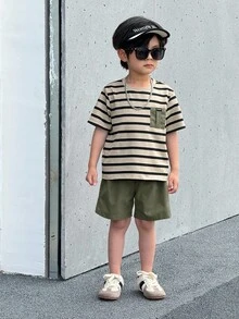 Bộ 2 món đồ chơi trẻ em thoải mái, đa năng, họa tiết kẻ sọc phối màu tương phản, cổ tròn, tay ngắn và quần short màu trơn. - xanh quân đội - Xem 6