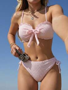 Swim Mod Bộ bikini nữ Xuân/Hè 2022, 2 mảnh, họa tiết kẻ caro tươi tắn và ngọt ngào, viền bèo nhún tinh tế, nơ trang trí, áo bikini quây và quần lót thoải mái, màu hồng nhạt, thanh lịch, thích hợp cho bãi biển, kỳ nghỉ và mặc hàng ngày. - Màu Hồng baby - Xem 1