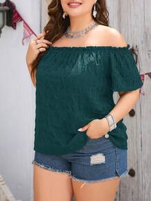 SHEIN Clasi Plus Size Solid Color Off-Shoulder Casual Short Sleeve Shirt, Versatile For Summer - Dark Green - View 4