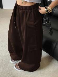 POPSWAY Plus Size Women's Solid Color Drawstring Waist Wide Leg Fleece Sweatpants - Coffee Brown - View 5